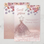 Romantisch Roos goudglitterjurk florale Invitatie Kaart (Voorkant / Achterkant)