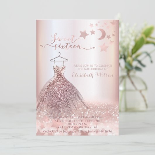 Romantisch Roos goudglitterjurk hemellichaam Invit Kaart (Staand voorkant)