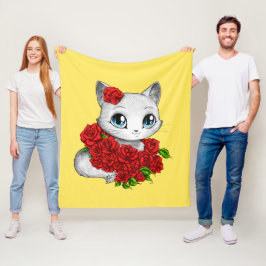 Romantisch Roos Kat art gele vlootsbodem MEDIUM Fleece Deken