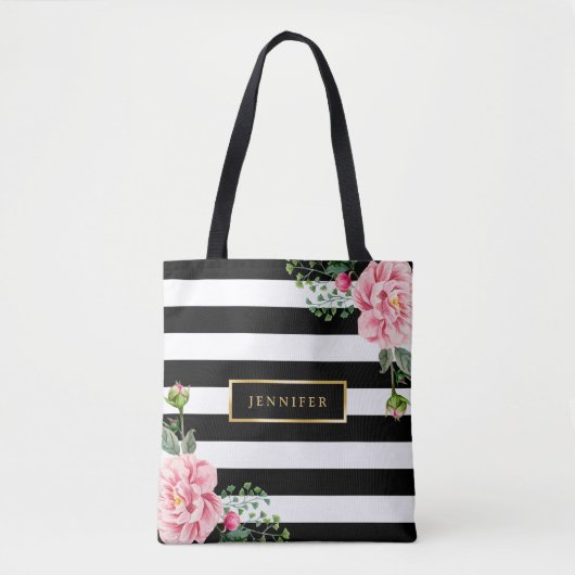 Romantisch Roze Bloemen Zwart Witte Strepen Tote Bag (Voorkant)