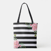 Romantisch Roze Bloemen Zwart Witte Strepen Tote Bag (Achterkant)