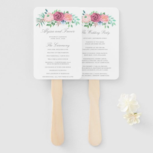 Romantisch roze bloemenslinger trouwprogramma handwaaier (Voorkant en achterkant)