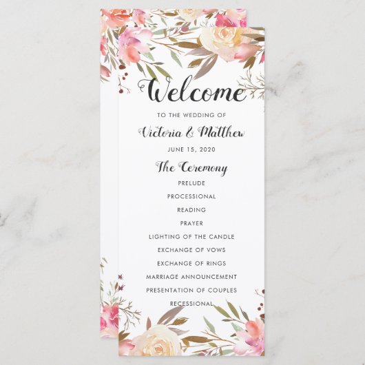 Romantisch Roze Bloesem Bloemen Bruiloftsprogramma Programma (Voorkant / Achterkant)