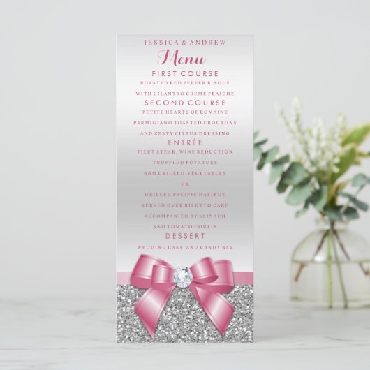 Romantisch Roze Bow & Zilver Glitter Wedding Menu (Staand voorkant)