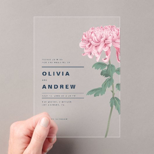 Romantisch Roze Chrysanthemum Botanische bruiloft Acryl Uitnodigingen (Insitu (Draagbaar))