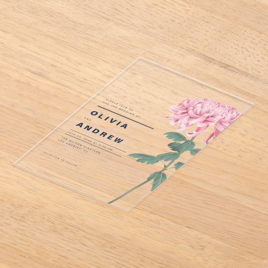 Romantisch Roze Chrysanthemum Botanische bruiloft Acryl Uitnodigingen (Laagn)