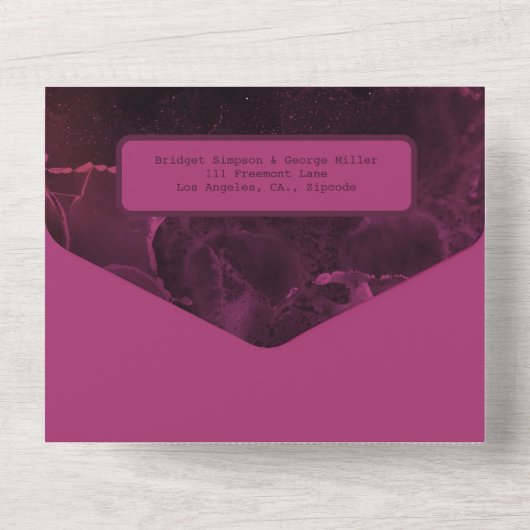 Romantisch roze elegant marmer all in one uitnodiging (Achterkant)