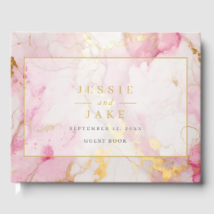 Romantisch roze en gouden marmeren bruiloft gasten gastenboek