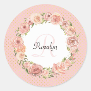 Romantisch Roze Gevlekt Roos Bloemen Monogrammed N Ronde Sticker
