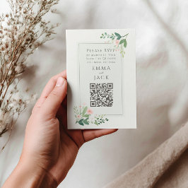 Romantisch Roze Groen Bloemen Huwelijk RSVP QR Cod Informatiekaartje