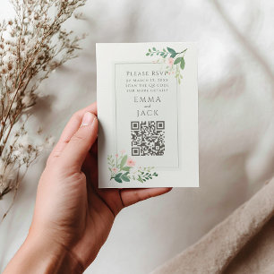 Romantisch Roze Groen Bloemen Huwelijk RSVP QR Cod Informatiekaartje