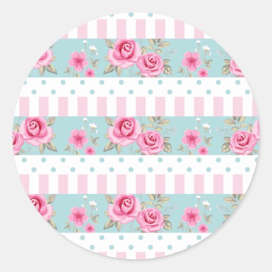 Romantisch  Roze & Mint Bloemen Rozen Patroon Ronde Sticker (Voorkant)