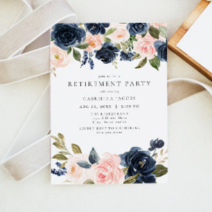 Romantisch Roze & Navy Blush Bloemen Pensioen Part Kaart