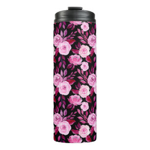 Romantisch Roze Rozen Zwart bloemig Thermosbeker