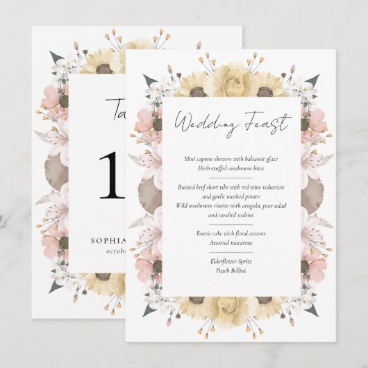 Romantisch Rustiek Bloemen Trouwtafel Nummer Menu (Voorkant / Achterkant)