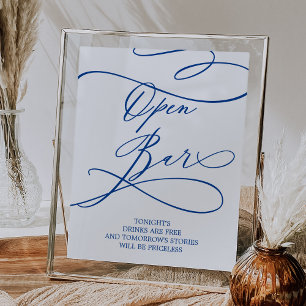 Romantisch saffier blauw kalligrafie open bar teke poster