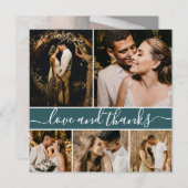 Romantisch script Blauwgroen 5 Photo Collage Weddi Bedankkaart (Voorkant / Achterkant)