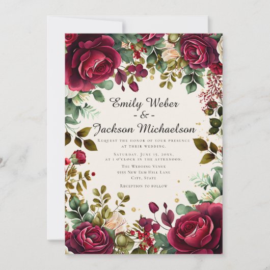 Romantisch script Bourgondische bloemenbruiloft Kaart (Voorkant)