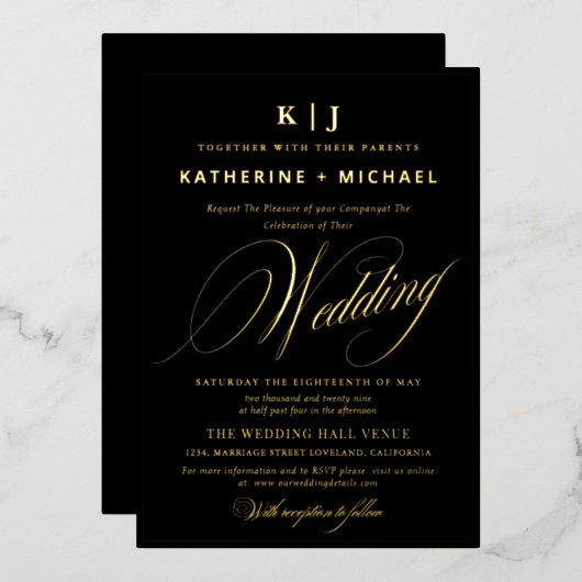 Romantisch Script Calligrafie Monogram Gold Weddin Folie Uitnodiging (Voorkant / Achterkant)