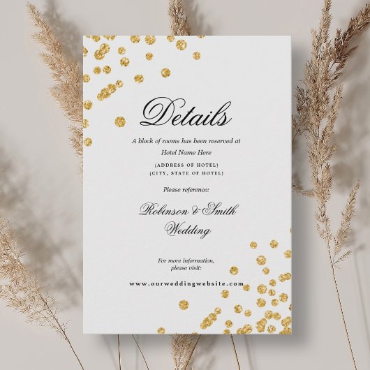 Romantisch Script Gold Confetti Wedding Details Informatiekaartje