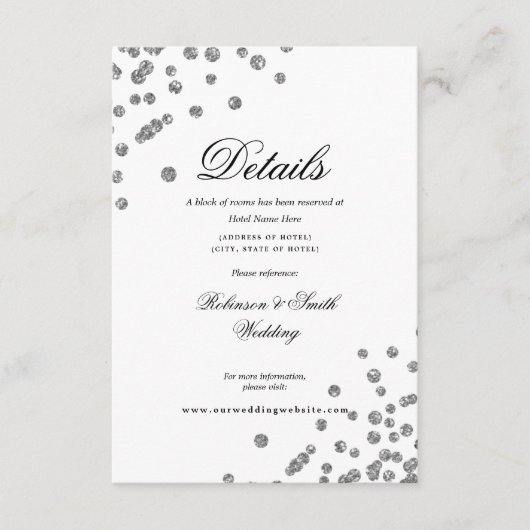 Romantisch Script Silver Confetti Wedding Details Informatiekaartje (Voorkant)