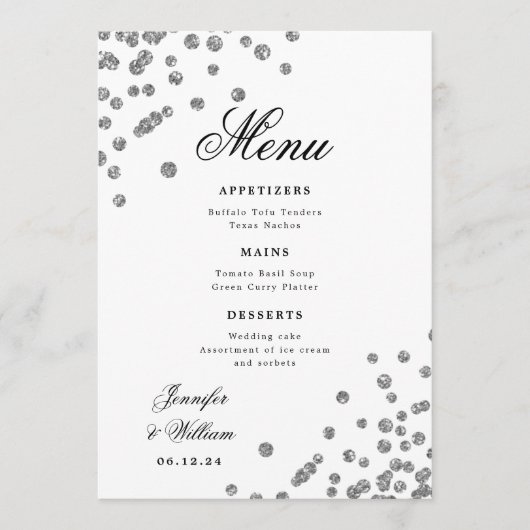 Romantisch Script Trouwen Confetti Silver Menu (Voorkant)