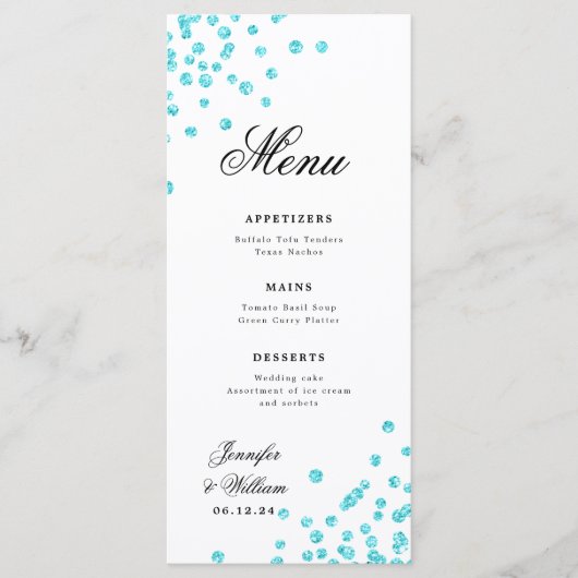 Romantisch Script Trouwen Confetti Turquoise Menu (Voorkant)