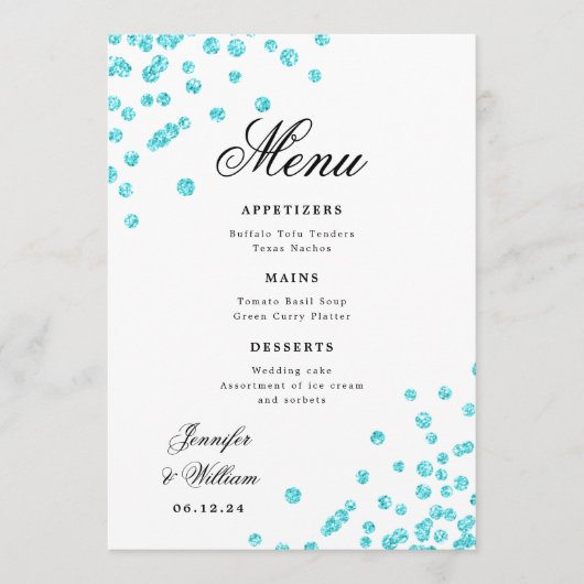 Romantisch Script Trouwen Confetti Turquoise Menu (Voorkant)
