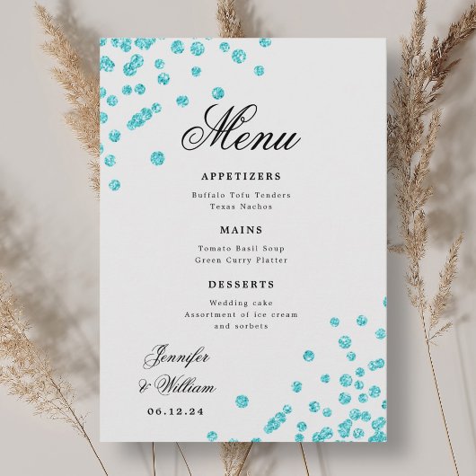 Romantisch Script Trouwen Confetti Turquoise Menu