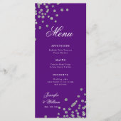 Romantisch Script Trouwen Confetti Zilver Paarse Menu (Voorkant)