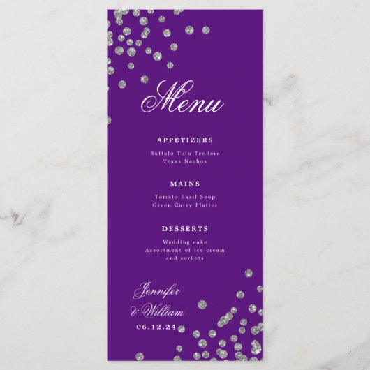 Romantisch Script Trouwen Confetti Zilver Paarse Menu (Voorkant)