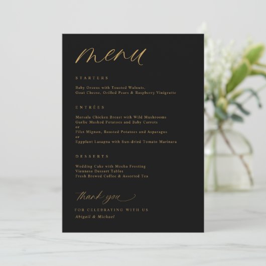 Romantisch Script Zwart en Goud Bruiloft Menu (Staand voorkant)