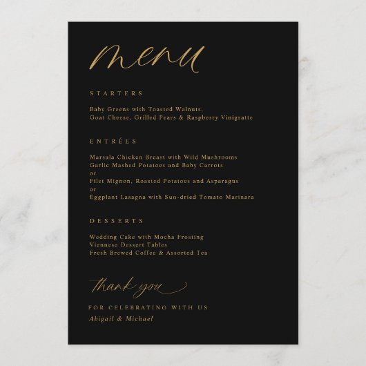 Romantisch Script Zwart en Goud Bruiloft Menu (Voorkant)