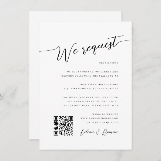 Romantisch Script Zwart & Wit Huwelijksreceptie Kaart (Voorkant / Achterkant)