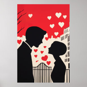Romantisch silhouet paar cityscape harten poster