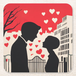 Romantisch silhouet paar cityscape harten vierkante kartonnen onderzetter