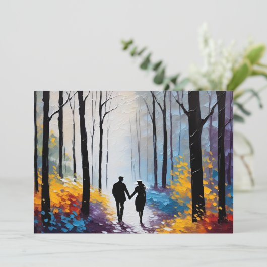 Romantisch Silhouet Paar in Abstract Bladerwerk Aankondiging (Staand voorkant)