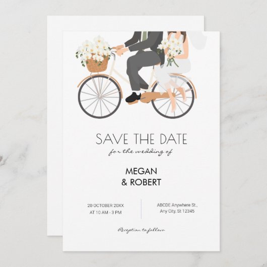 Romantisch stel dat op een fiets rijdt bruiloft save the date (Voorkant / Achterkant)