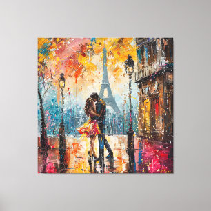 Romantisch stel zoent voor de Eiffeltoren Canvas Afdruk
