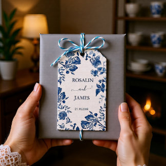 Romantisch Stofblauw Frans Toile Trouwen Cadeaulabel