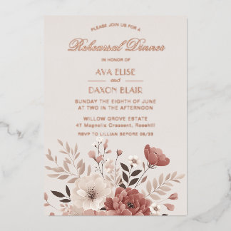 Romantisch stoffig roze bloemenrepetitiediner folie uitnodiging
