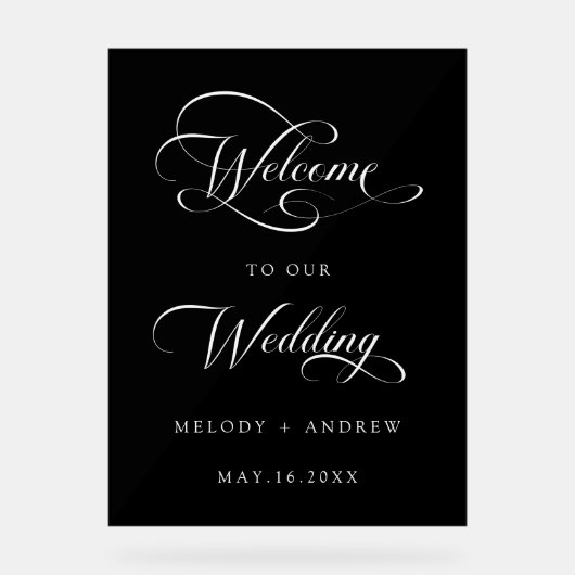 Romantisch Swirly Script Huwelijk Welkom Zwart Acryl Bord (Voorkant)