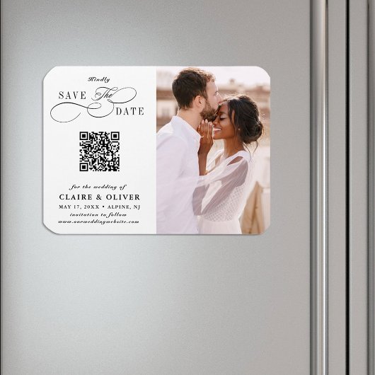 Romantisch Swirly Script QR Code Sla de datumfoto  Magneet