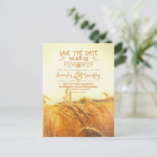 Romantisch tarweveld Save the date briefkaarten (Staand voorkant)