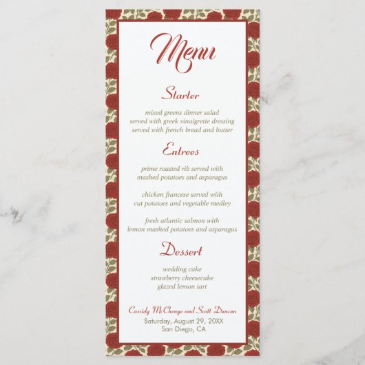 Romantisch Victoriaans Red Rose Wedding Menu (Voorkant)