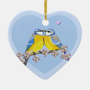 Romantisch vogelpaar, Cyanistes Caeruleus Keramisch Ornament