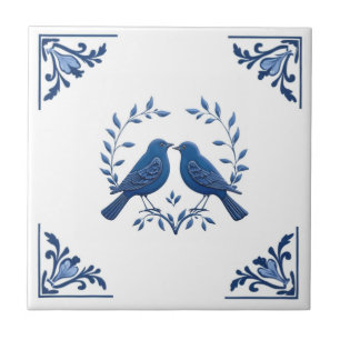 Romantisch vogelpaar Delfts Blauw Witte Bloemhoek Tegeltje