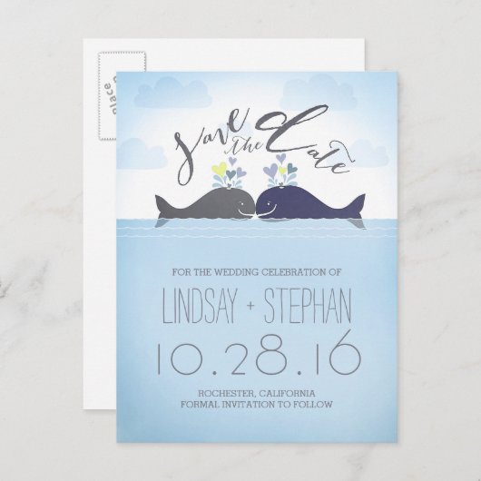 Romantisch walvispaar slaat de datum op aankondigingskaart (Voorkant / Achterkant)