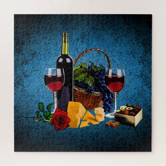 Romantisch wijnglas, flesje, kaas, druiven, blauw legpuzzel (Horizontaal)