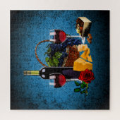 Romantisch wijnglas, flesje, kaas, druiven, blauw legpuzzel (Verticaal)